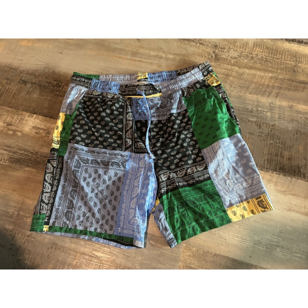 HM Mens Paisley Patchwork Bandana Shorts Multi Color Blue Green Large Drawstring
